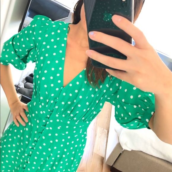 NWT Zara Green & White Polka Dot Satin Midi Dress - Picture 9 of 10